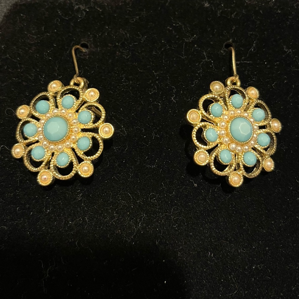 Vintage Monet pierced earring faux pearl and turquoise blue color stones